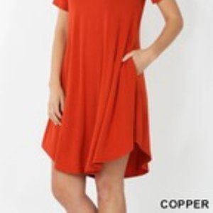 ZENANA LARGE Trapeze Tunic Swing Copper V Neck Round Hem Dress